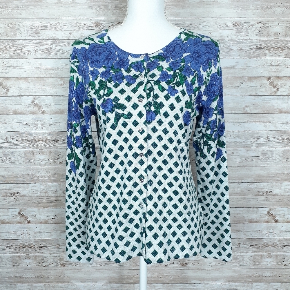 Charter Club Cardigan M Floral Silver Purple 585 - Picture 2 of 7